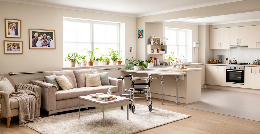 Intérieur lumineux d'un appartement en résidence senior avec salon et cuisine ouverte