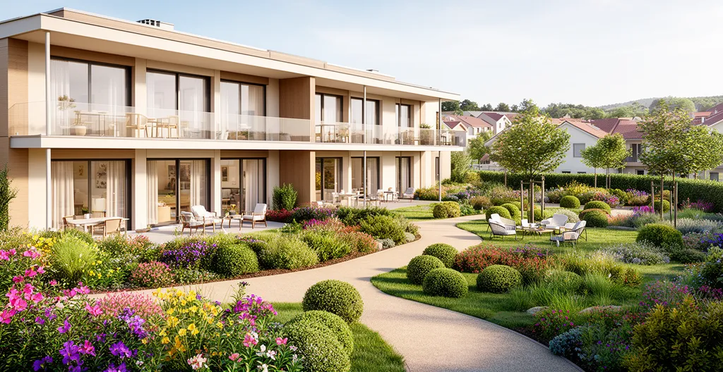 Façade moderne de résidence senior avec jardin paysager et allées accessibles