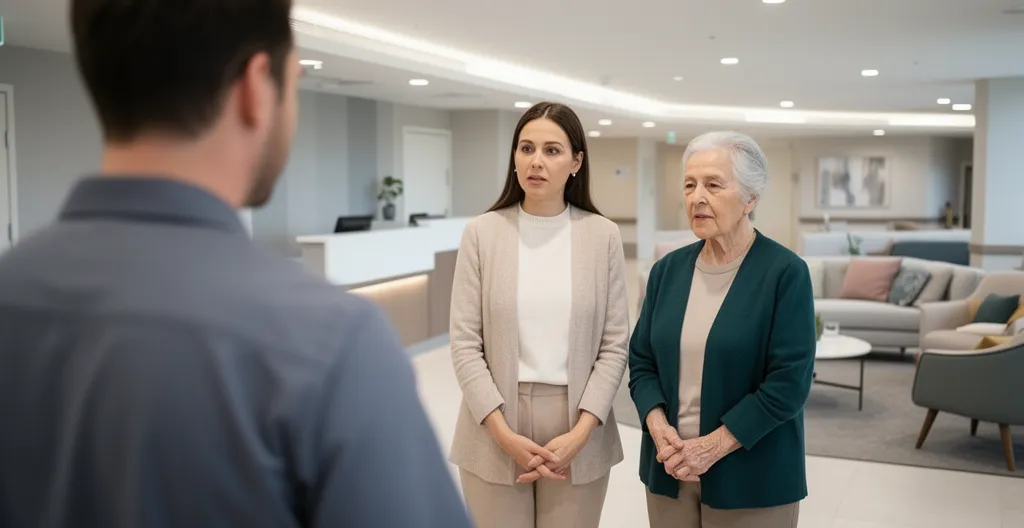 Adulte et parent âgé debout dans un hall d'accueil moderne de résidence