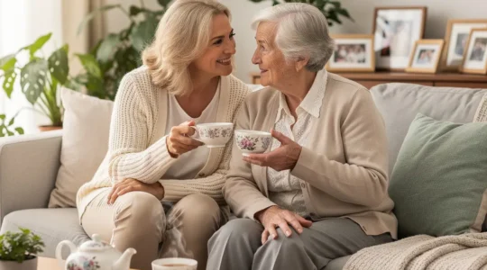 Femme senior discutant avec sa mère âgée dans un salon parisien, préparation EHPAD