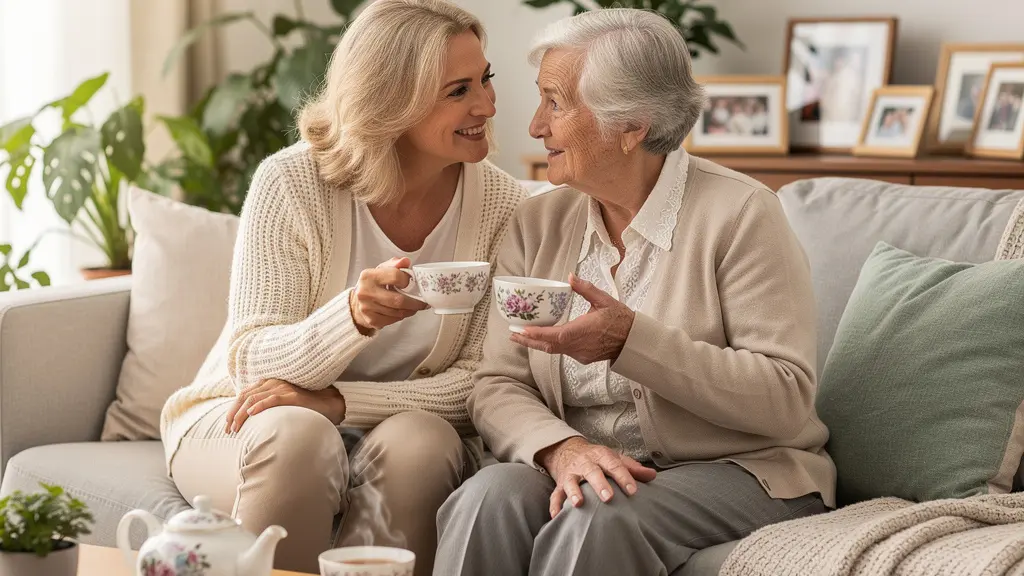 Femme senior discutant avec sa mère âgée dans un salon parisien, préparation EHPAD