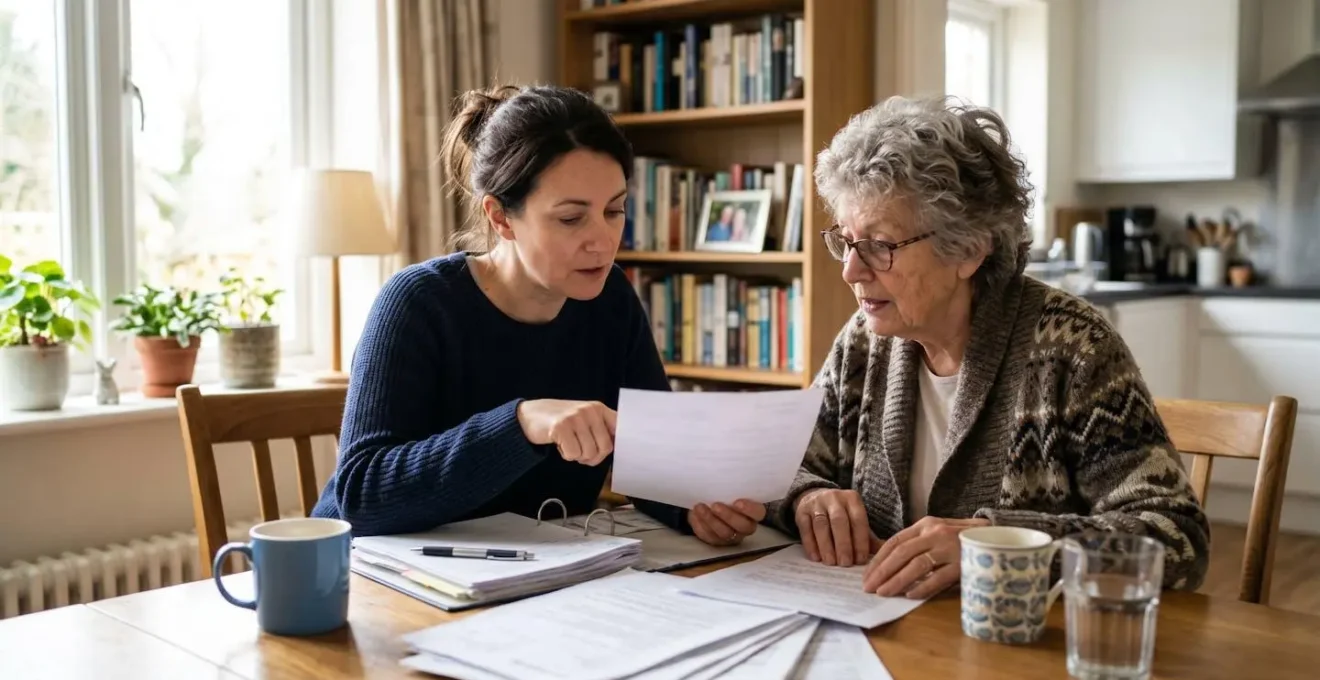 Un adulte et une personne âgée assis côte à côte à une table de cuisine lumineuse, consultant ensemble des documents administratifs