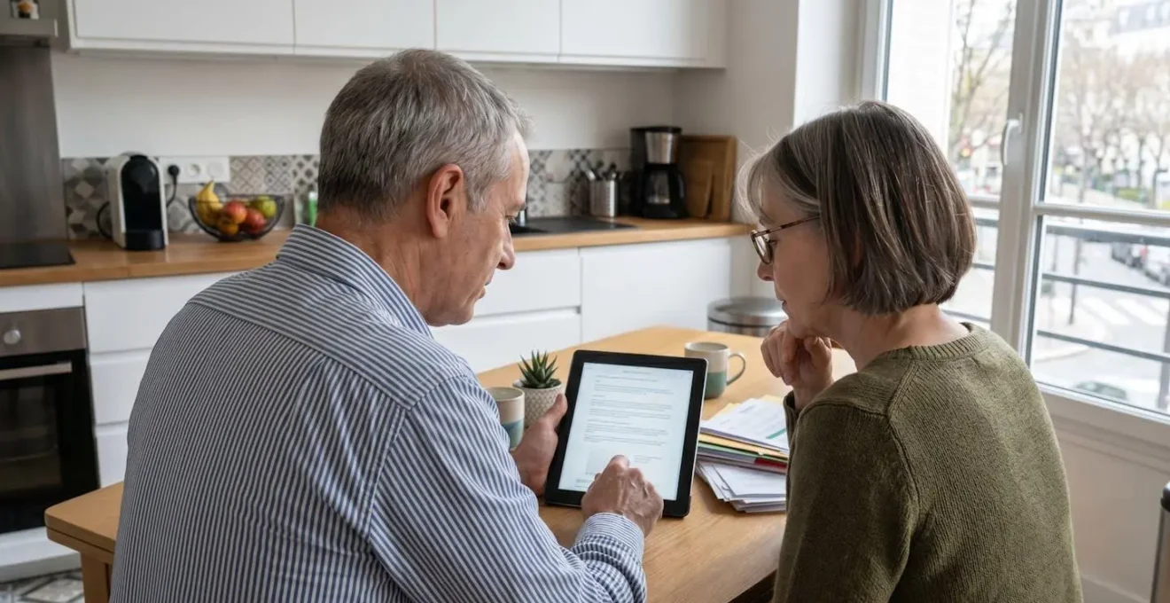 Un couple de seniors assis côte à côte à une table de cuisine lumineuse, consultant ensemble un document administratif sur une tablette, vus de trois-quarts arrière