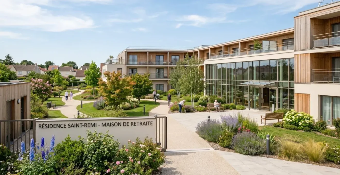 Façade d'un établissement pour personnes âgées contemporain avec espaces verts soignés, architecture moderne, large baie vitrée, ciel lumineux