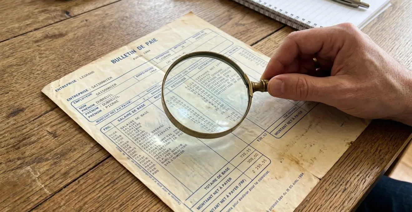 Gros plan sur un bulletin de salaire des années 1980 partiellement visible et flouté pour confidentialité, posé sur un bureau contemporain avec une loupe vintage à côté
