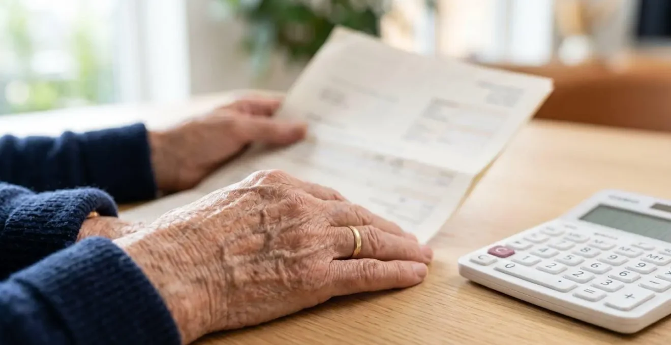 Gros plan sur les mains ridées d'une personne âgée tenant un document administratif à côté d'une calculatrice, avec un arrière-plan flouté
