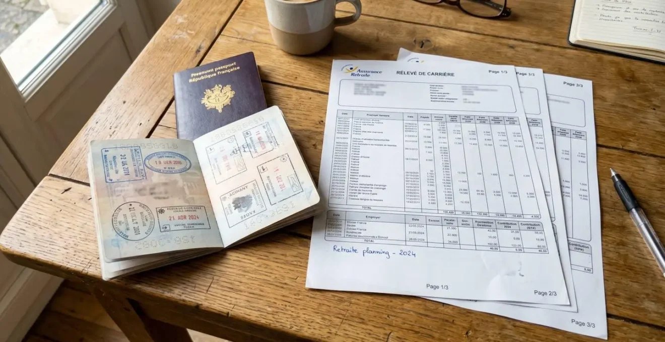 Vue aérienne d'un passeport ouvert avec tampons de plusieurs pays, posé à côté d'un relevé de carrière, documents partiellement floutés pour confidentialité