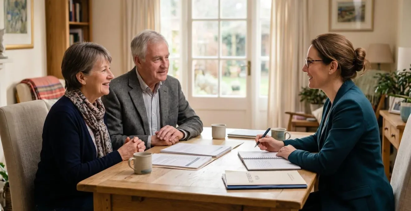Un couple senior en discussion sereine avec un conseiller financier autour d'une table, dans un environnement lumineux et professionnel