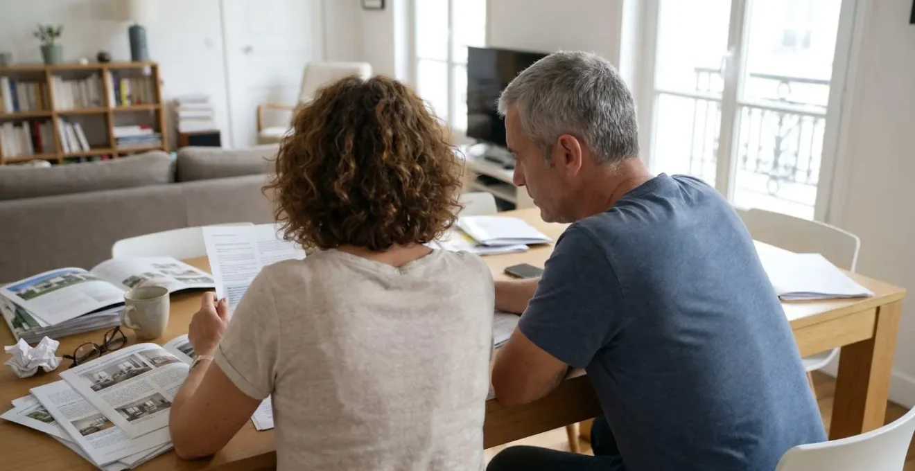 Deux adultes de dos consultent ensemble des brochures de maisons de retraite sur une table, dans un salon contemporain éclairé par la lumière naturelle.