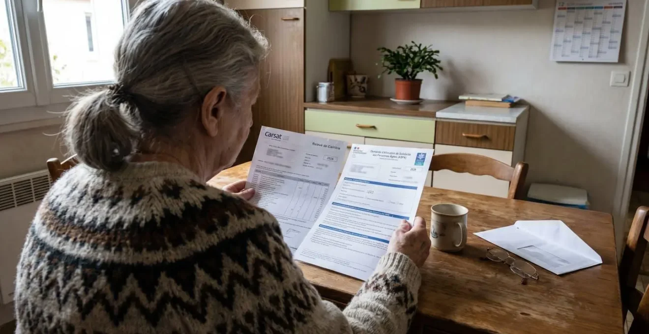 Femme âgée de dos consultant des documents administratifs CARSAT et ASPA sur une table de cuisine, lumière naturelle de fenêtre
