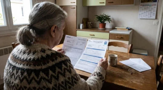 Femme âgée de dos consultant des documents administratifs CARSAT et ASPA sur une table de cuisine, lumière naturelle de fenêtre