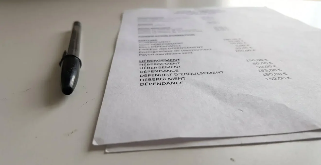 Gros plan sur un document de tarification EHPAD imprimé posé sur un bureau, montrant plusieurs lignes budgétaires avec des montants en euros.