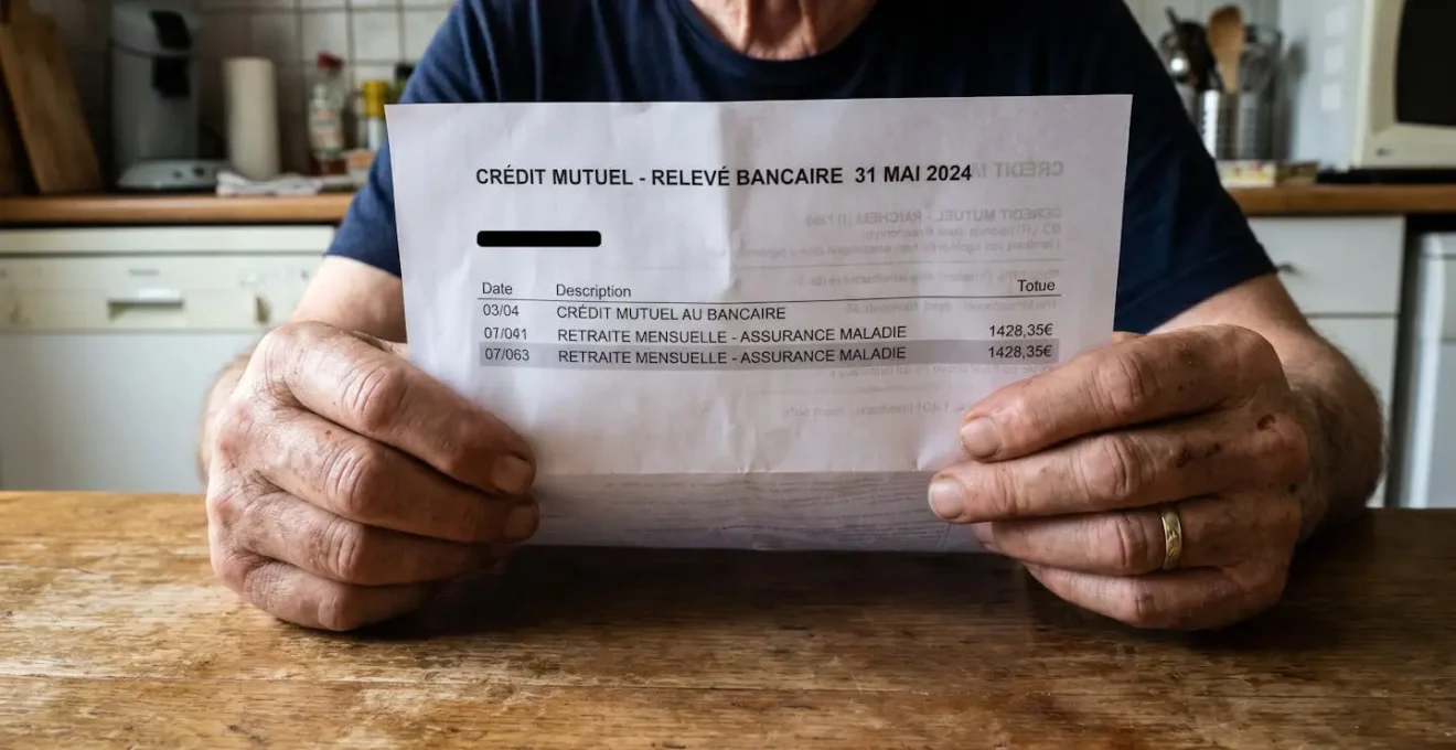 Mains âgées tenant un relevé bancaire français montrant un versement de pension de retraite CARSAT de 620€, calculatrice et notes manuscrites sur une table en bois, lumière naturelle