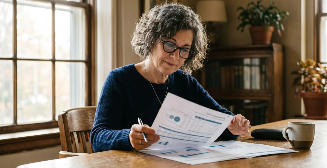 Une personne d'âge mûr concentrée sur des documents financiers posés sur une table lumineuse, stylo à la main, avec une tasse de café
