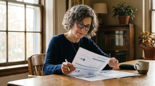 Une personne d'âge mûr concentrée sur des documents financiers posés sur une table lumineuse, stylo à la main, avec une tasse de café