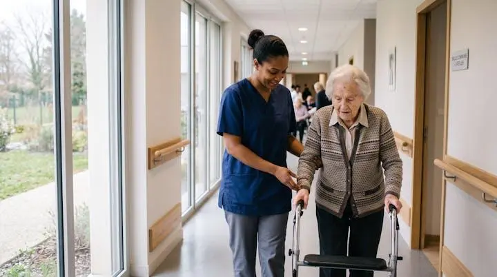 Aide-soignante accompagnant une personne âgée avec déambulateur dans le couloir lumineux d'un EHPAD français moderne