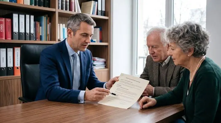 Conseiller en gestion de patrimoine expliquant un document de stratégie patrimoniale (donation ou viager) à un couple de seniors dans un bureau professionnel contemporain