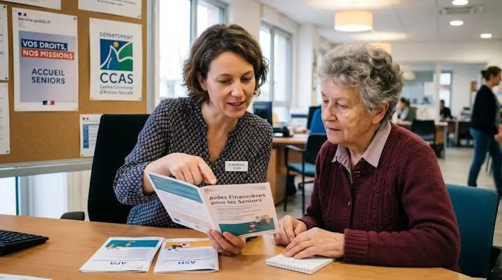 Conseillère sociale présentant des brochures d'information sur les aides financières APA et ASH à une femme senior dans un bureau Point Info Seniors